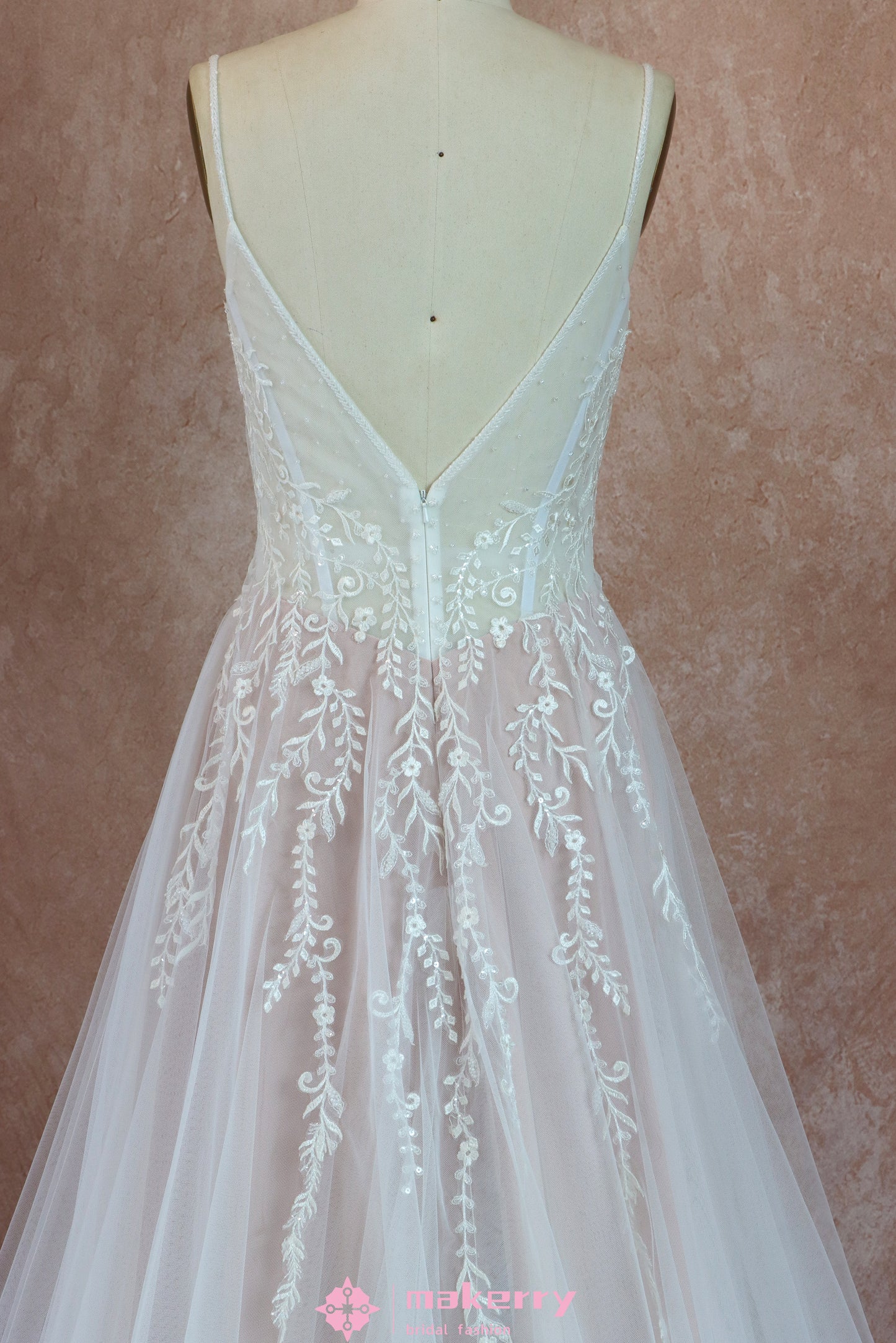 Beautiful Ethereal A-Line Wedding Dress with Spaghetti Straps