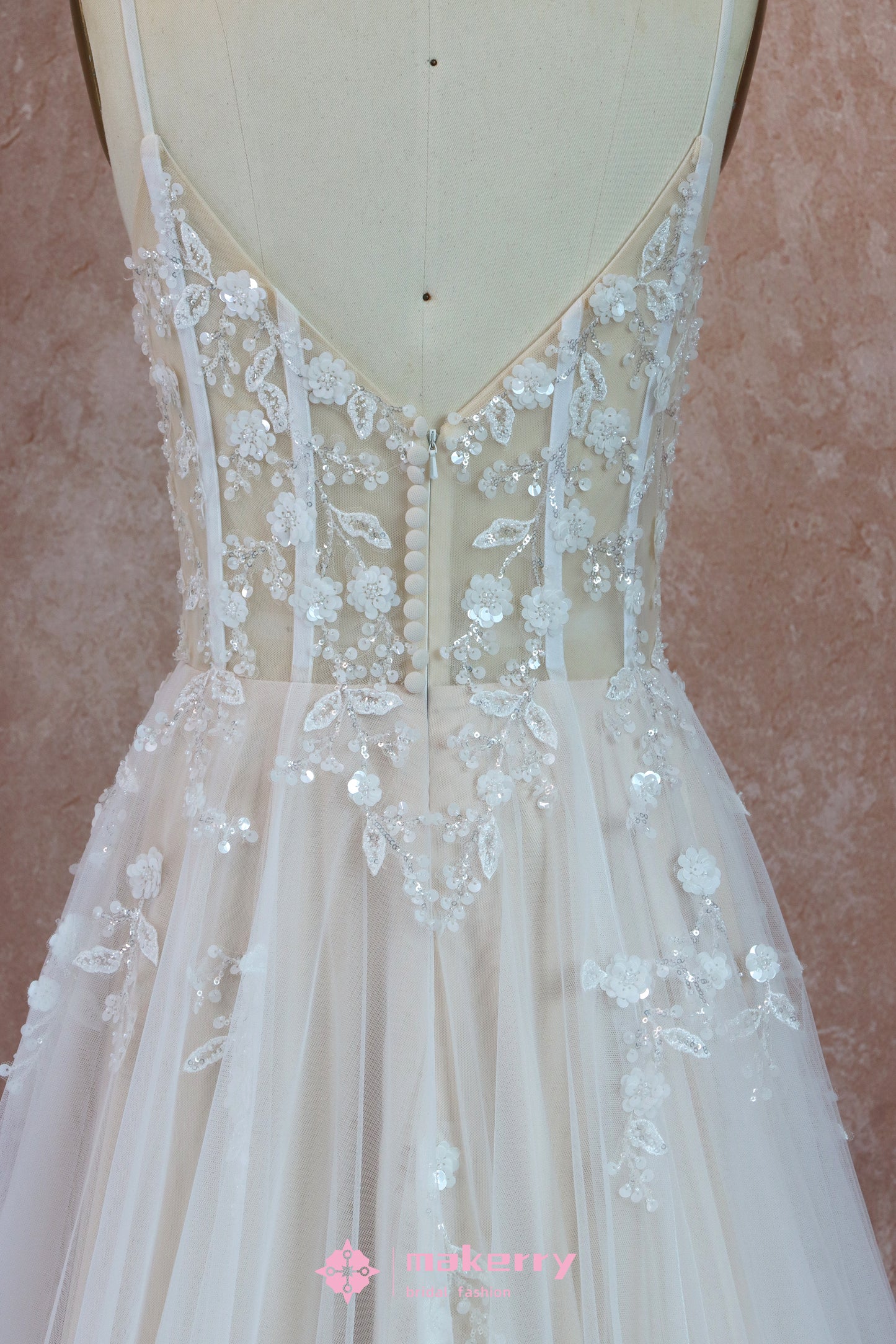 Boho See Through Lace Wedding Dress With 3D beaded Flowers