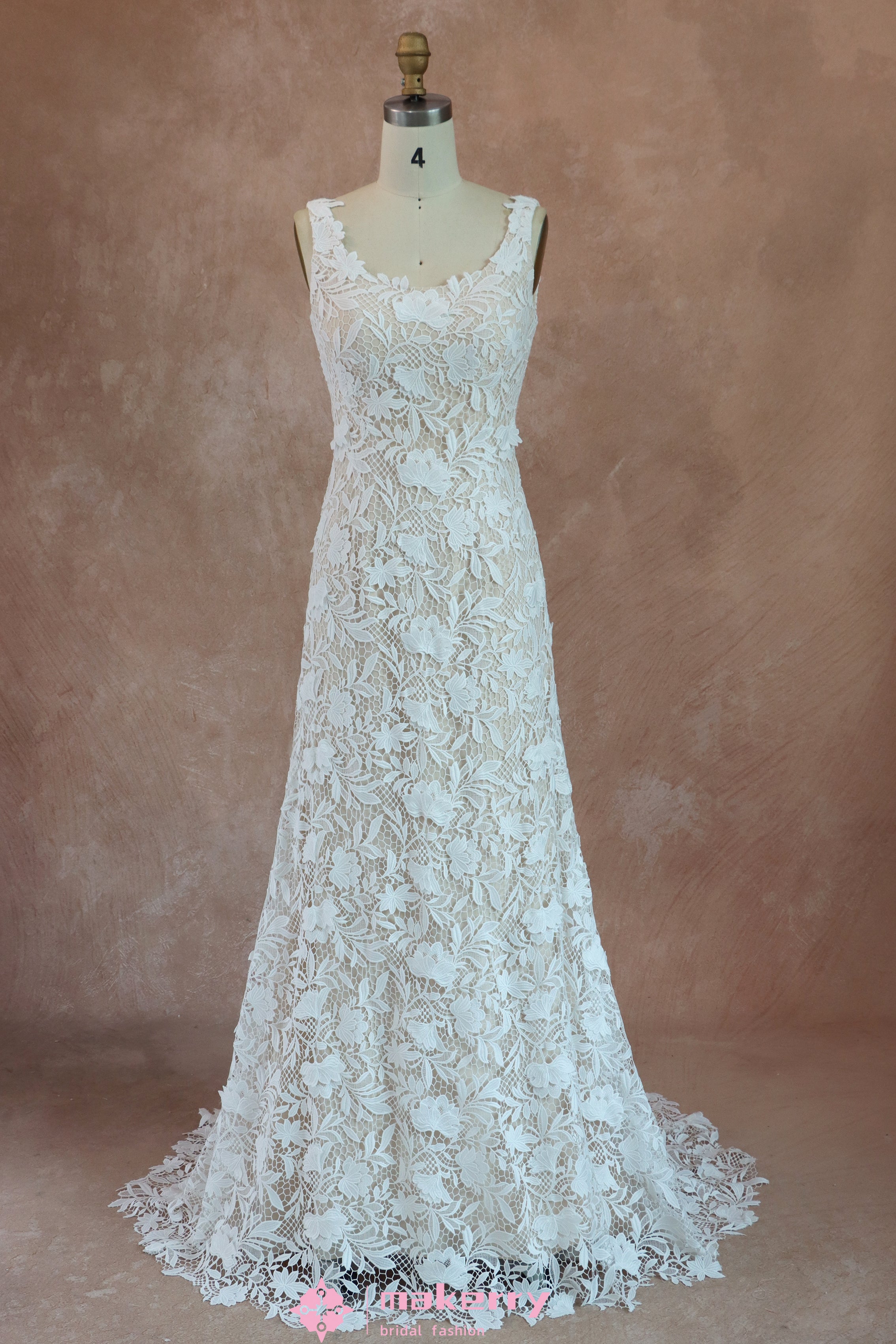 Elegant Three-Dimensional Floral Lace Wedding Dress With Bateau Neckli MakerryBridal Elegant Three-Dimensional Floral Lace Wedding Dress With Bateau Neckli MakerryBridal