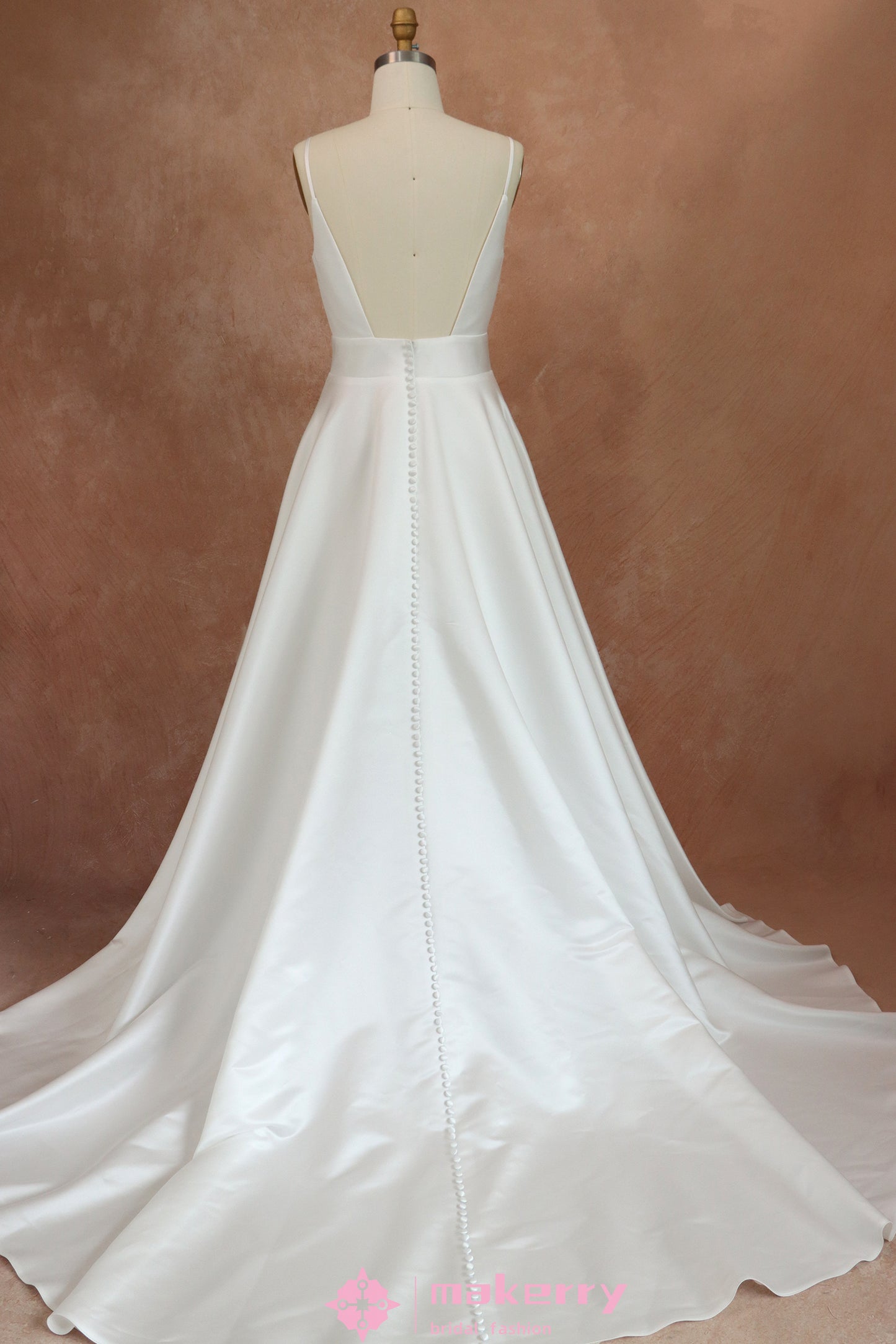 Straps Satin Wedding Dress With Buttons