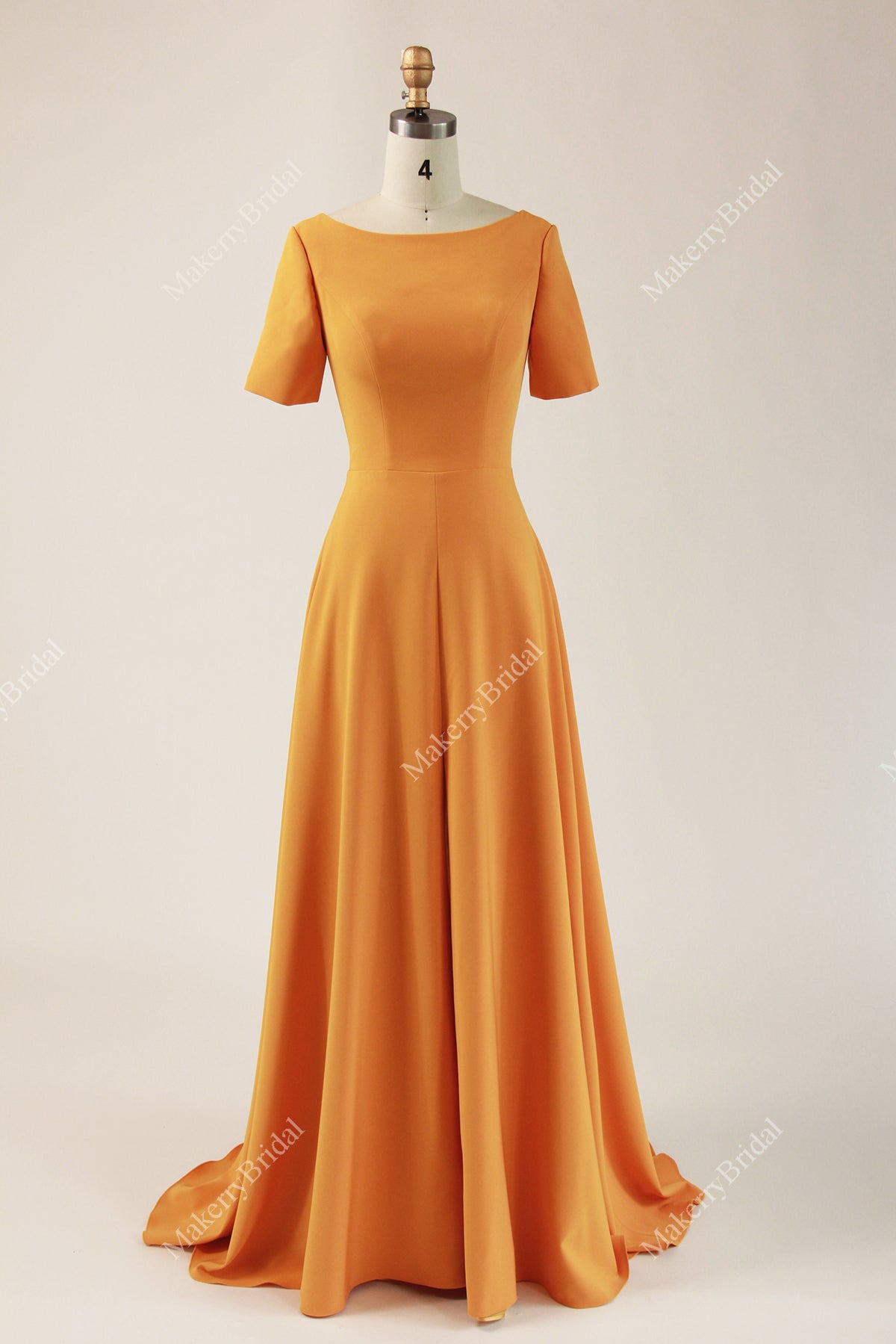 sweep train bridesmaid dresses A-Line Cowl Neck Short Sleeves Silk Like Satin Back Style A-Line Sweep Train Bridesmaid Dress