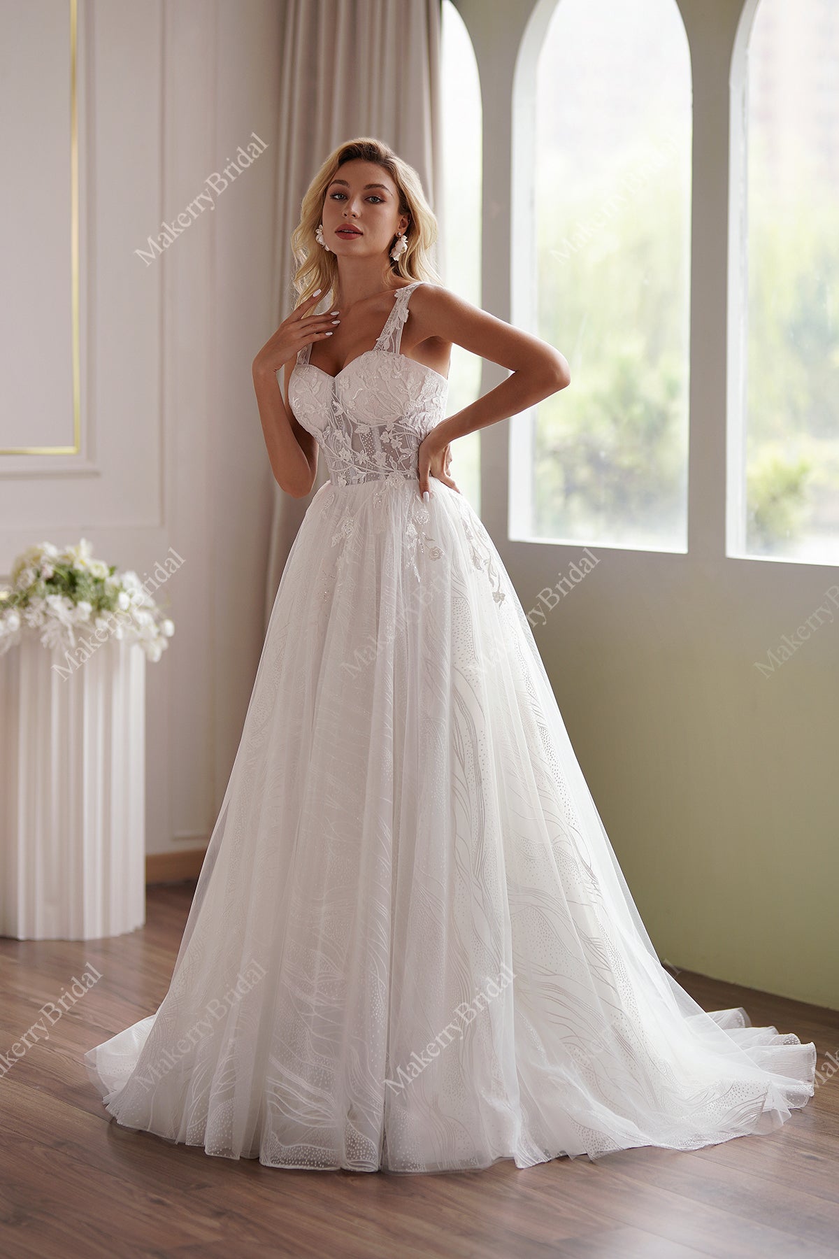 Romantic A-Line Lace Champagne Off-Shoulder Bridal Dress MakerryBridal Romantic A-Line Lace Champagne Off-Shoulder Bridal Dress MakerryBridal