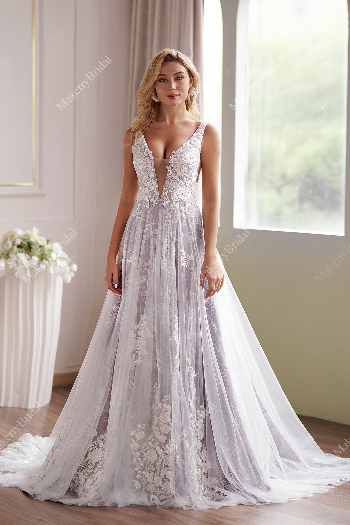 Lavender Plunging V Beaded Lace Wedding Dress