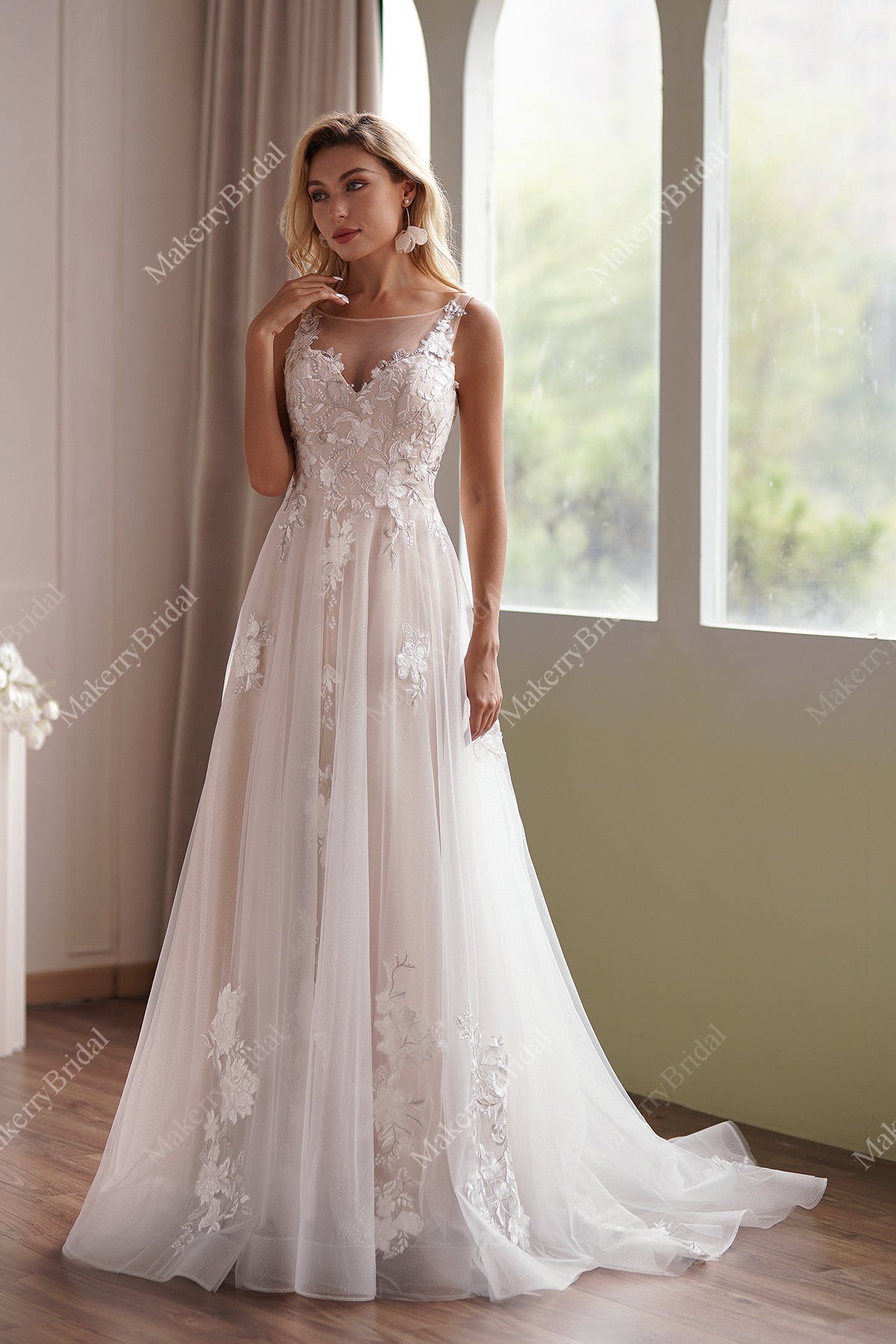 Romantic Beaded Lace Illusion Back Bridal Gown MakerryBridal Romantic Beaded Lace Illusion Back Bridal Gown MakerryBridal