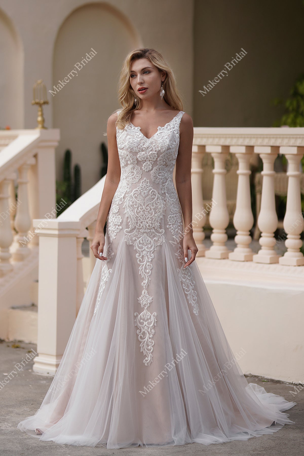 Scalloped Pink Nude Lace V-neck Godet Mermaid Bridal Gown MakerryBridal Scalloped Pink Nude Lace V-neck Godet Mermaid Bridal Gown MakerryBridal
