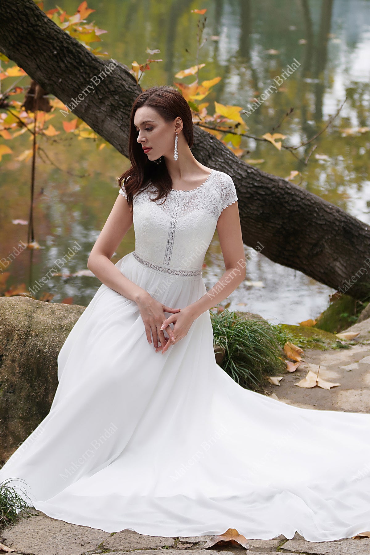 Cap Sleeves Chiffon Bohemian Wedding Dress