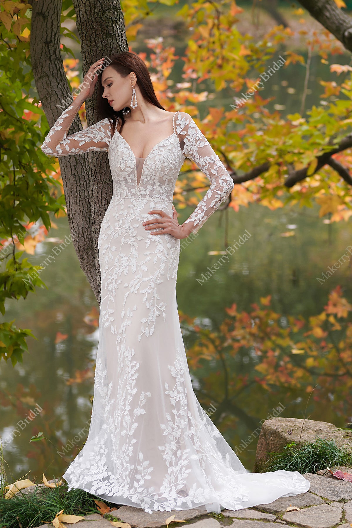 hand beaded wedding dresses T232057 Flirty Boho All-Over Soft Lace A-line Gown with Plunging Back and Delicately Beaded Bodice