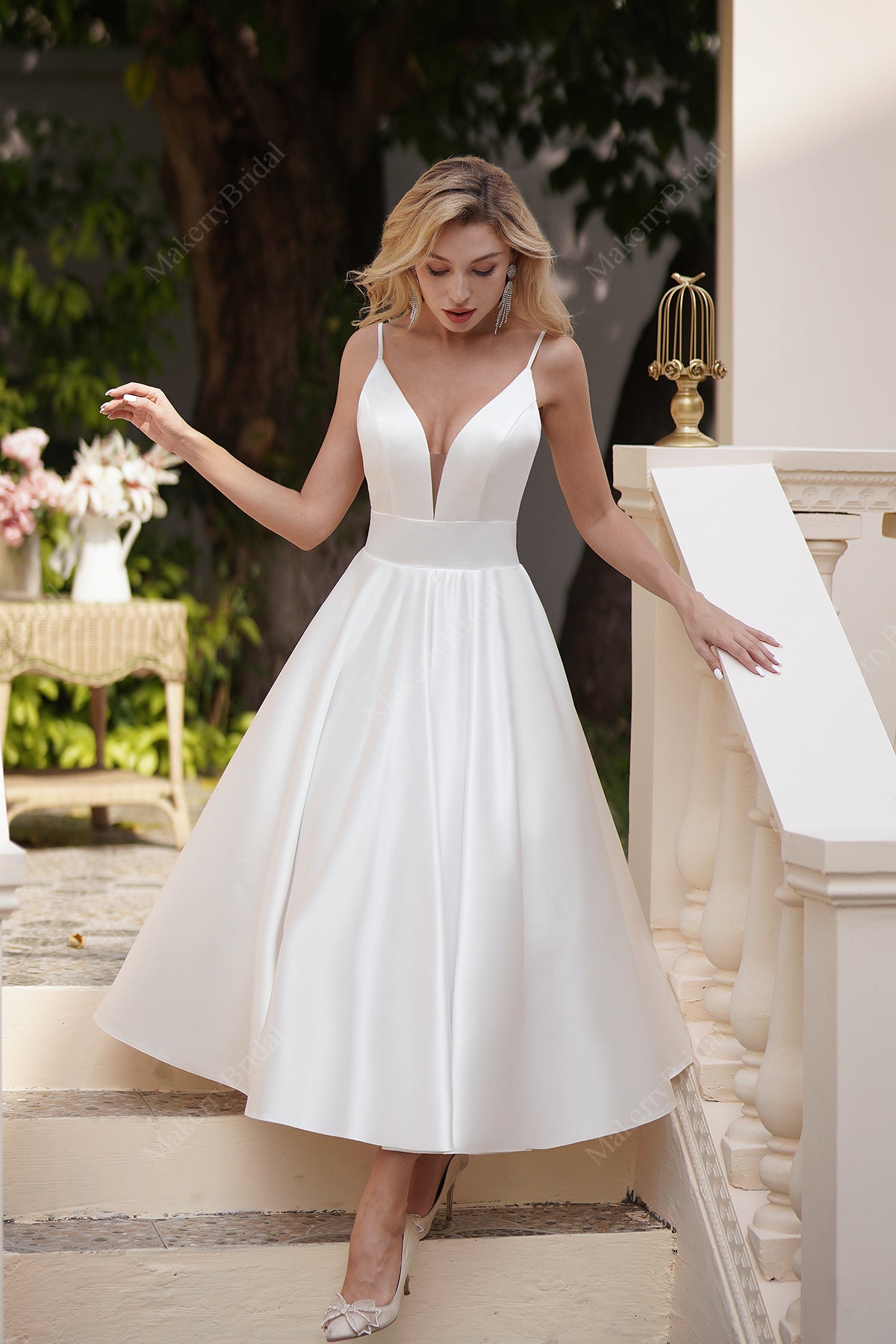 Simple short satin wedding dress with pockets – MakerryBridal