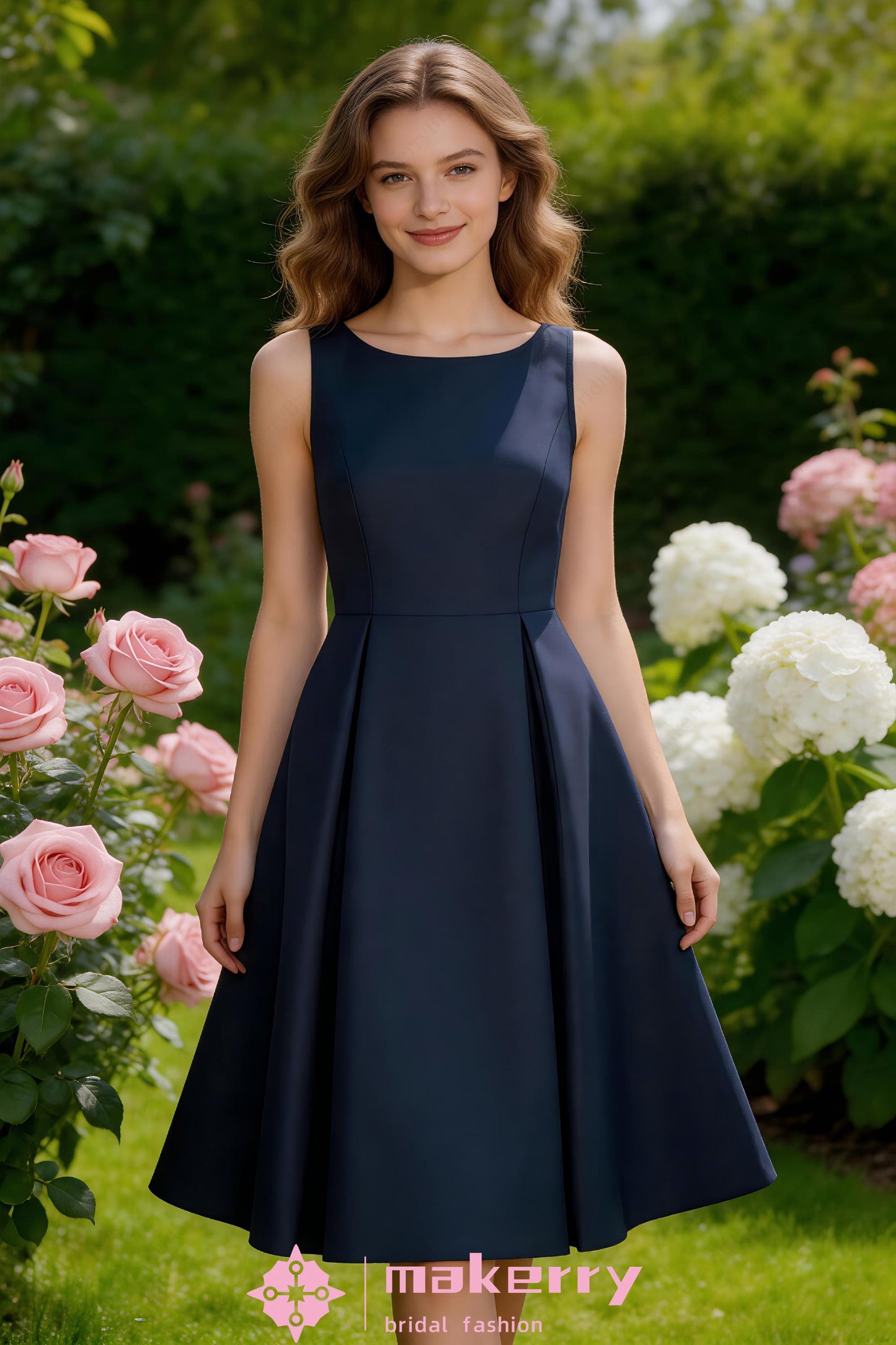 Tea Length Dress features A Classic Boat Neckline And A Pleated Flare Skirt