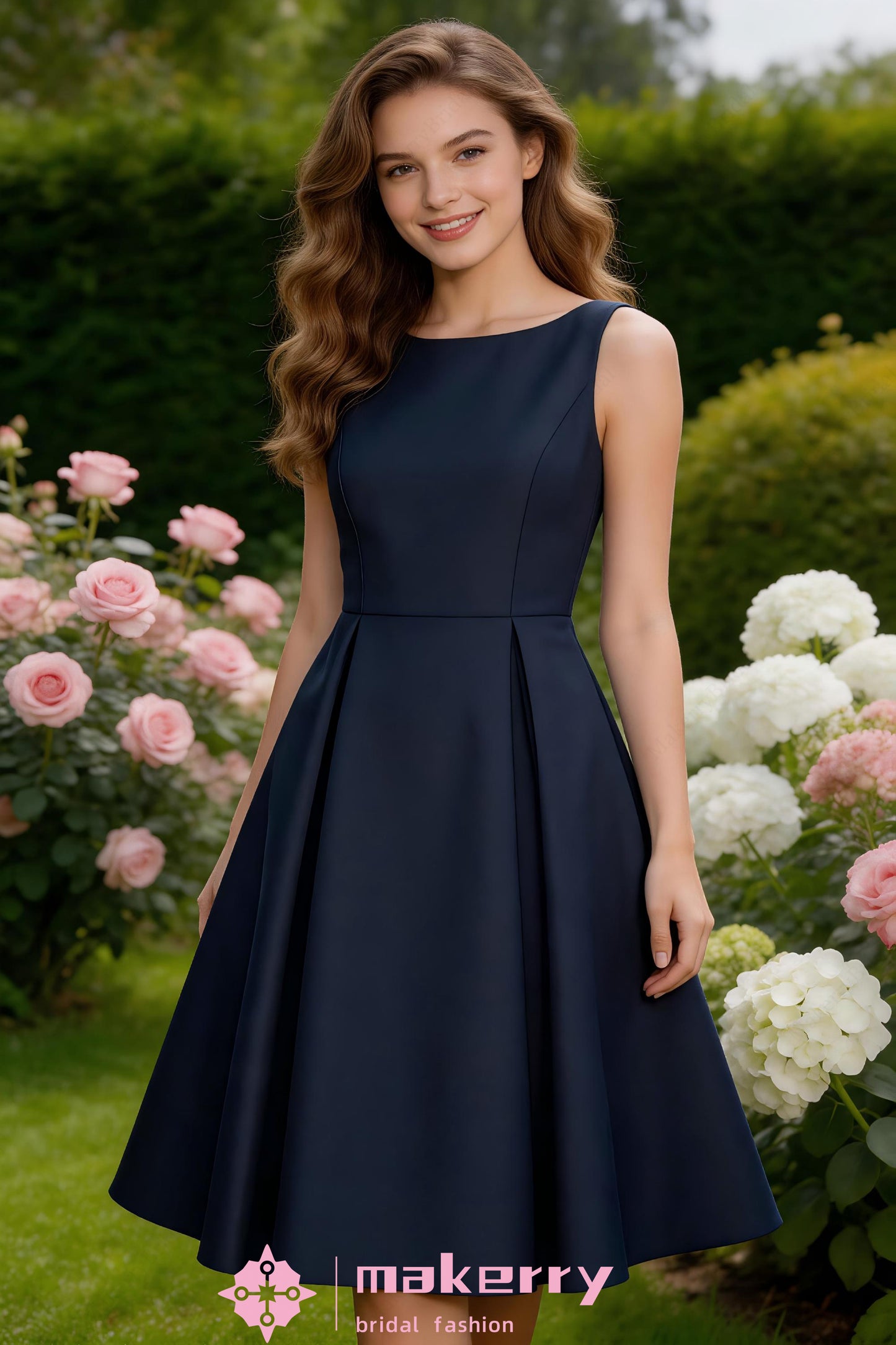 Tea Length Dress features A Classic Boat Neckline And A Pleated Flare Skirt