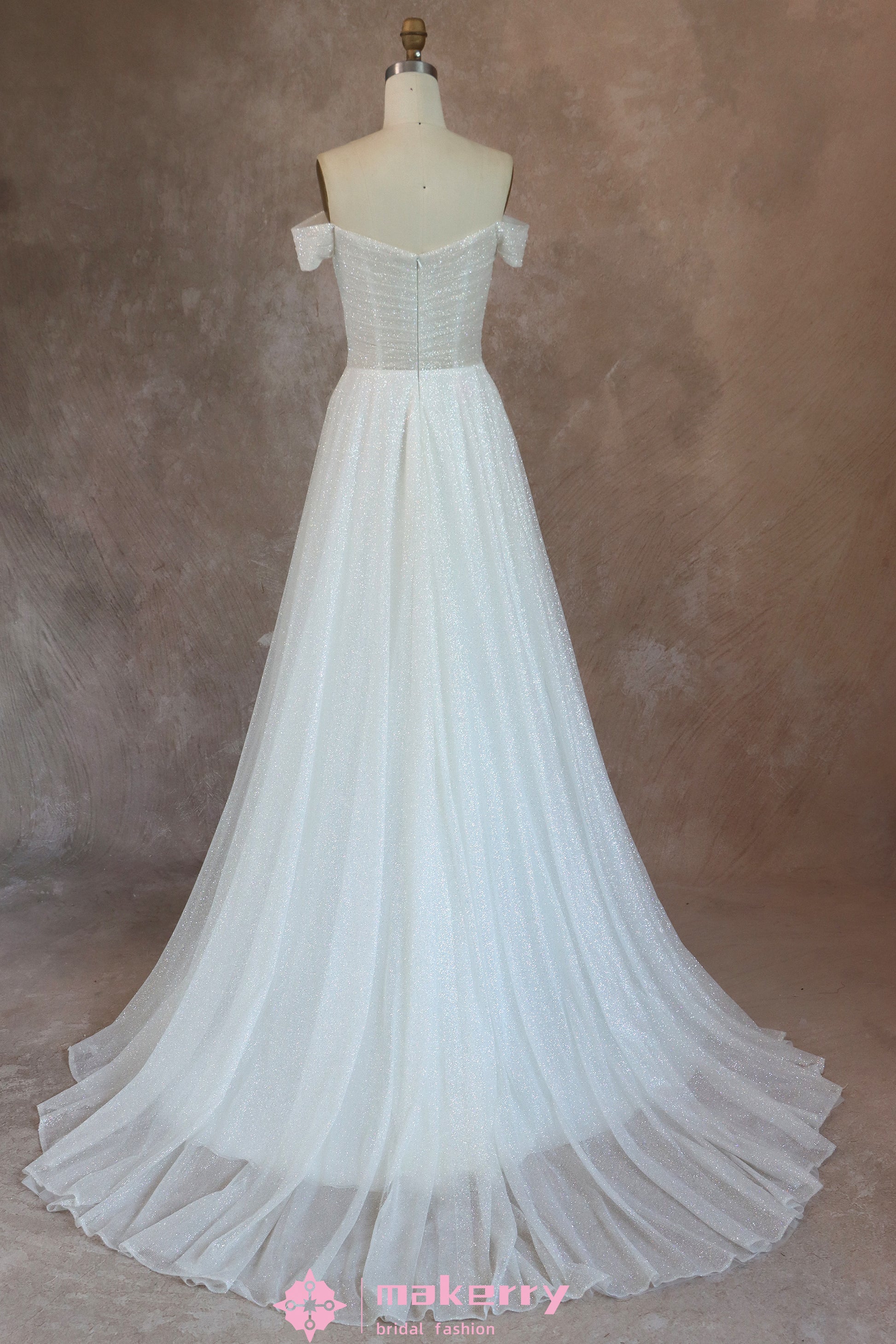Glitter Tulle Off Shoulder A Line Wedding Gown MakerryBridal Glitter Tulle Off Shoulder A Line Wedding Gown MakerryBridal