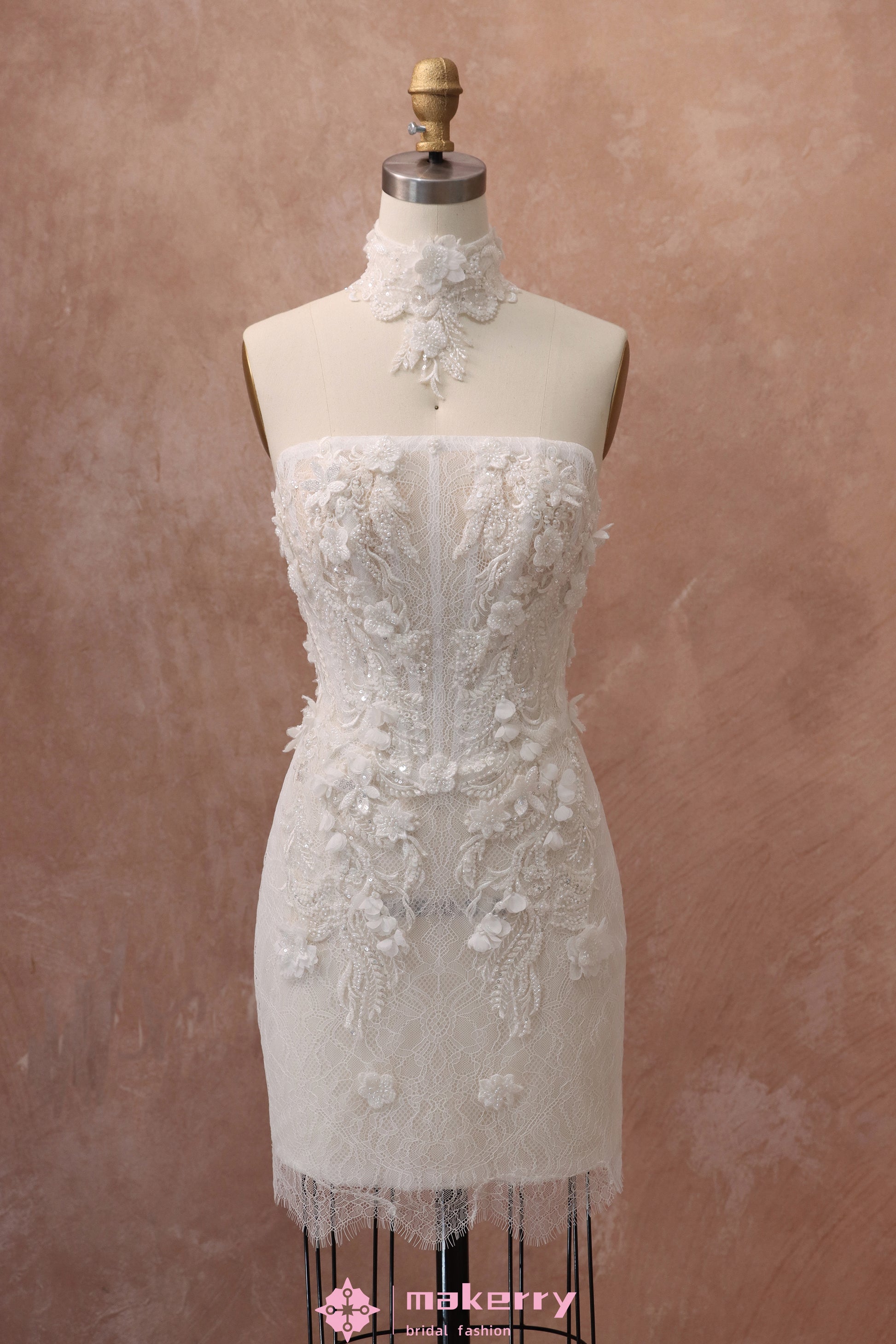 3D Floral Lace Beaded Short Wedding Dress MakerryBridal 3D Floral Lace Beaded Short Wedding Dress MakerryBridal
