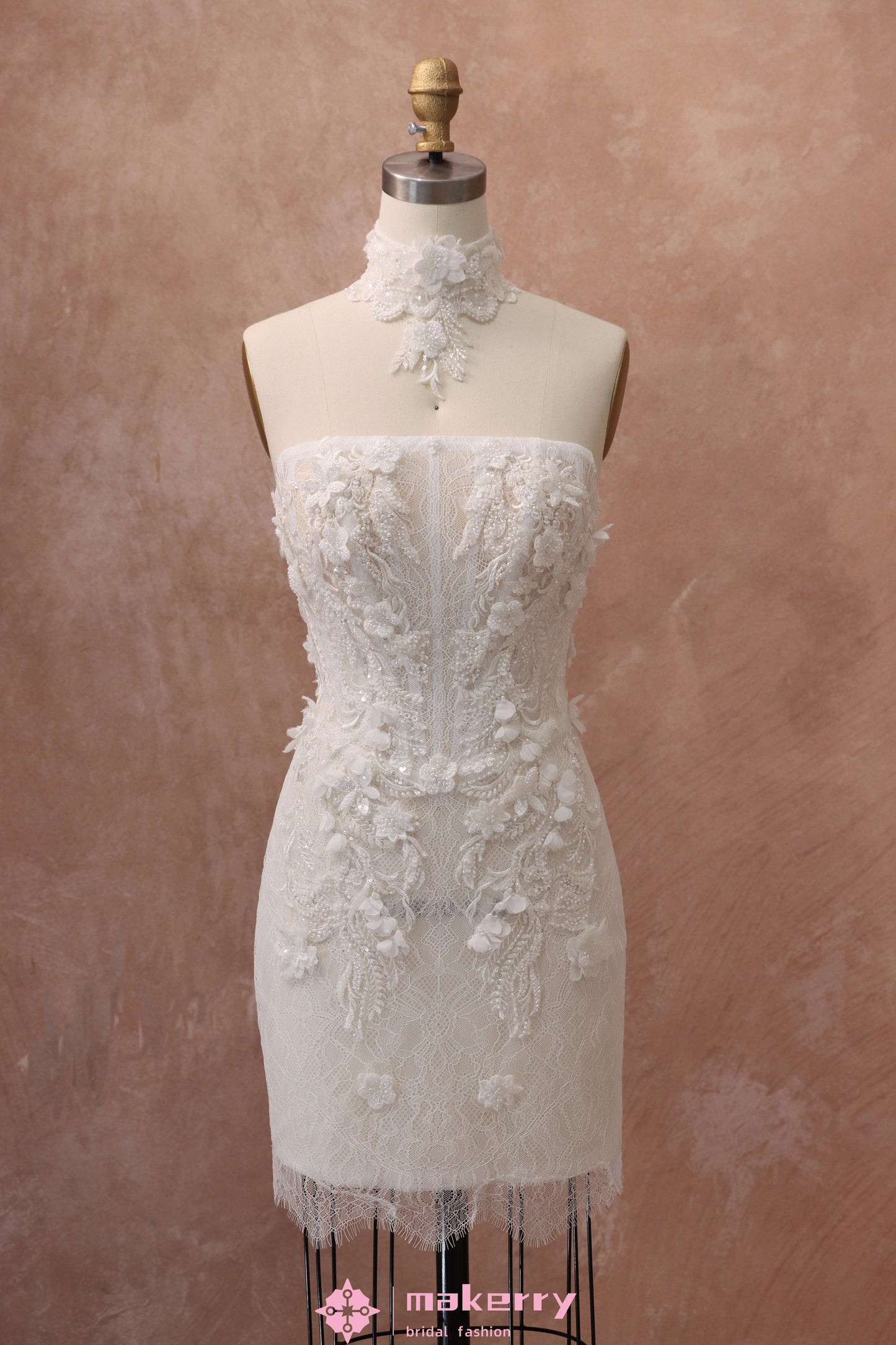 3D Floral Lace Beaded Short Wedding Dress