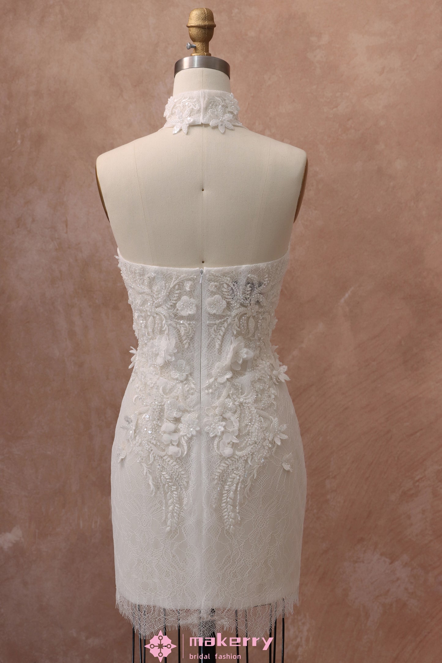 3D Floral Lace Beaded Short Wedding Dress