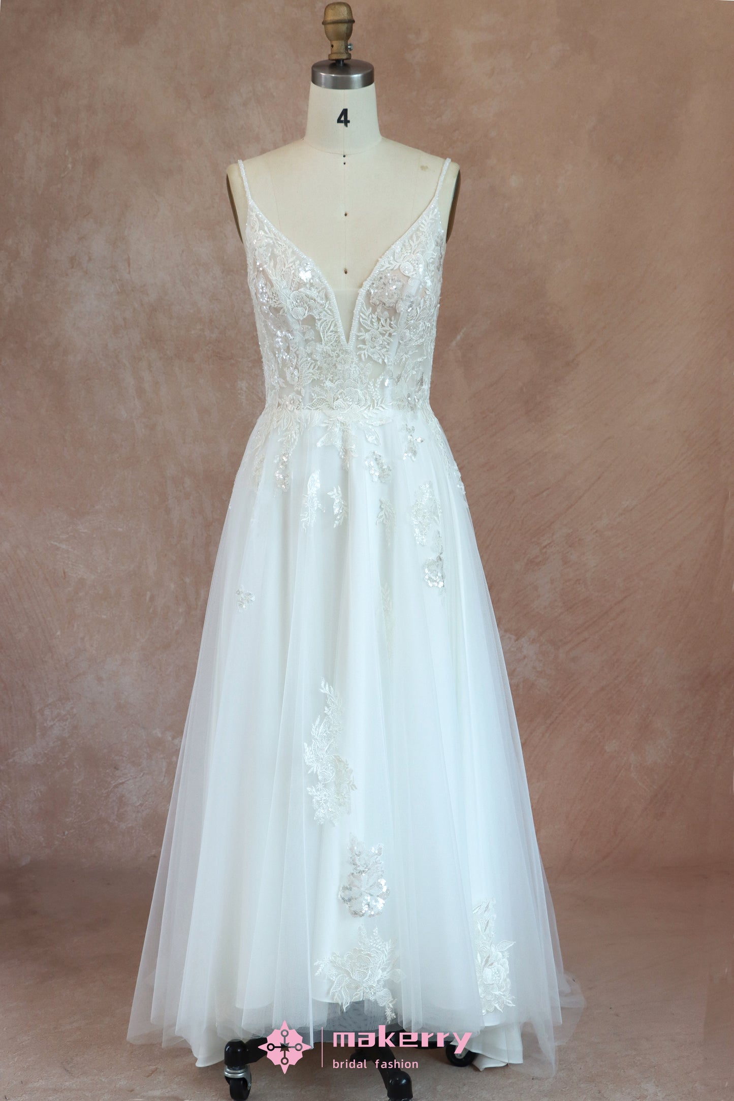 A-line Spaghetti Straps Lace Princess-Style Bridal Gown