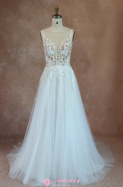 Elegant  See Through Appliques A Line Wedding Dress