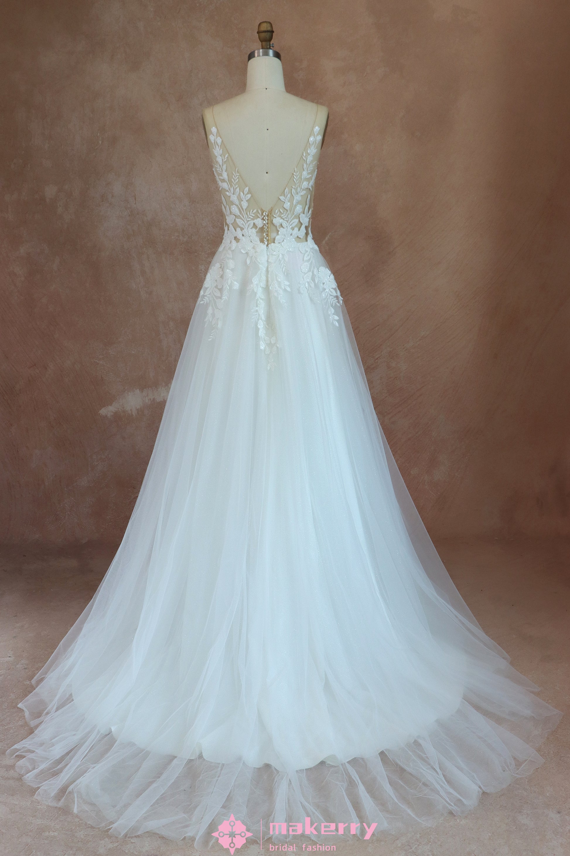 Elegant See Through Appliques A Line Wedding Dress MakerryBridal Elegant See Through Appliques A Line Wedding Dress MakerryBridal