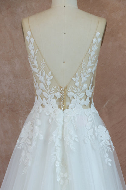 Elegant  See Through Appliques A Line Wedding Dress