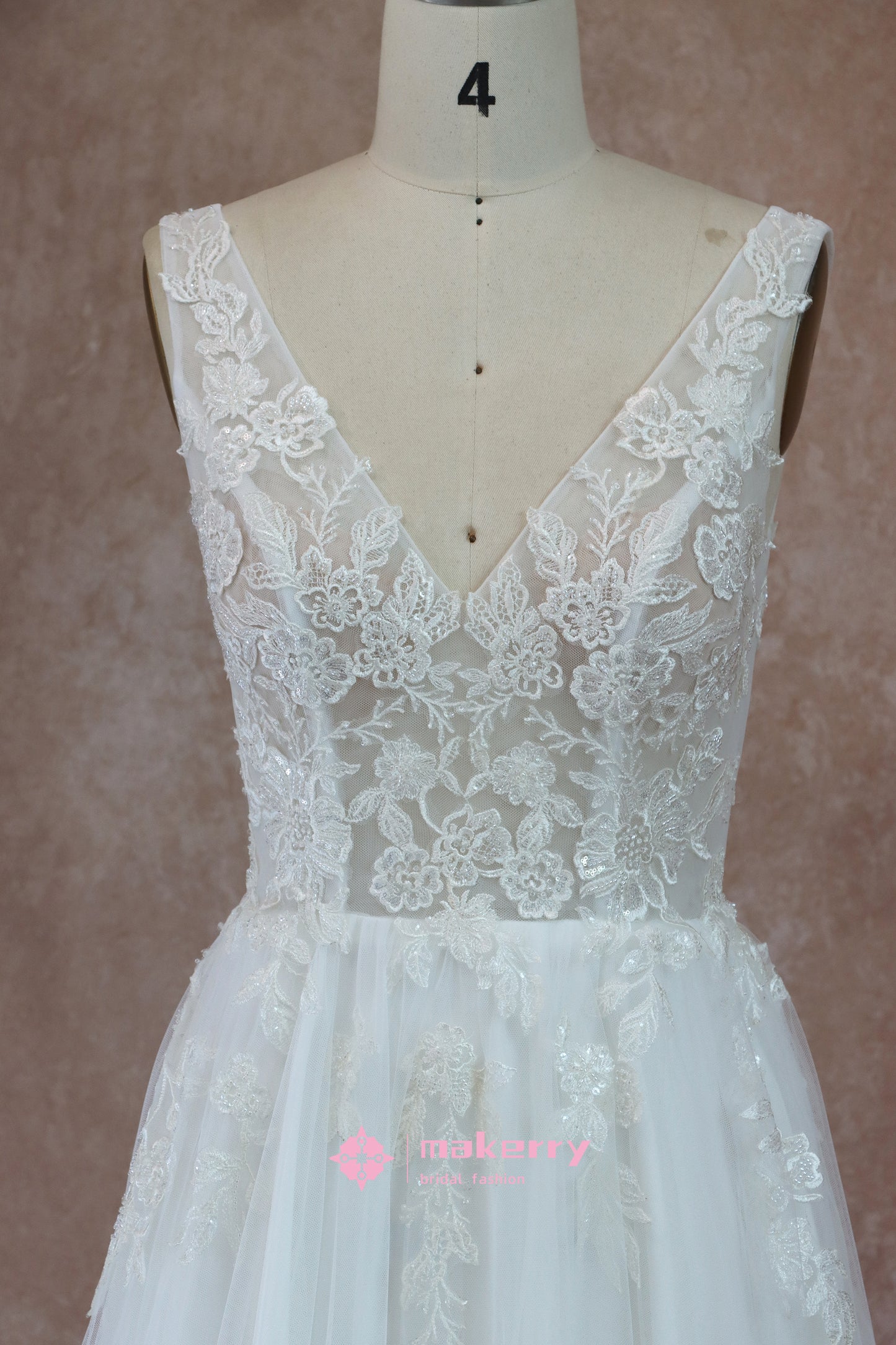 Long V-Neck Lace Appliques Sleeveless Wedding Dress