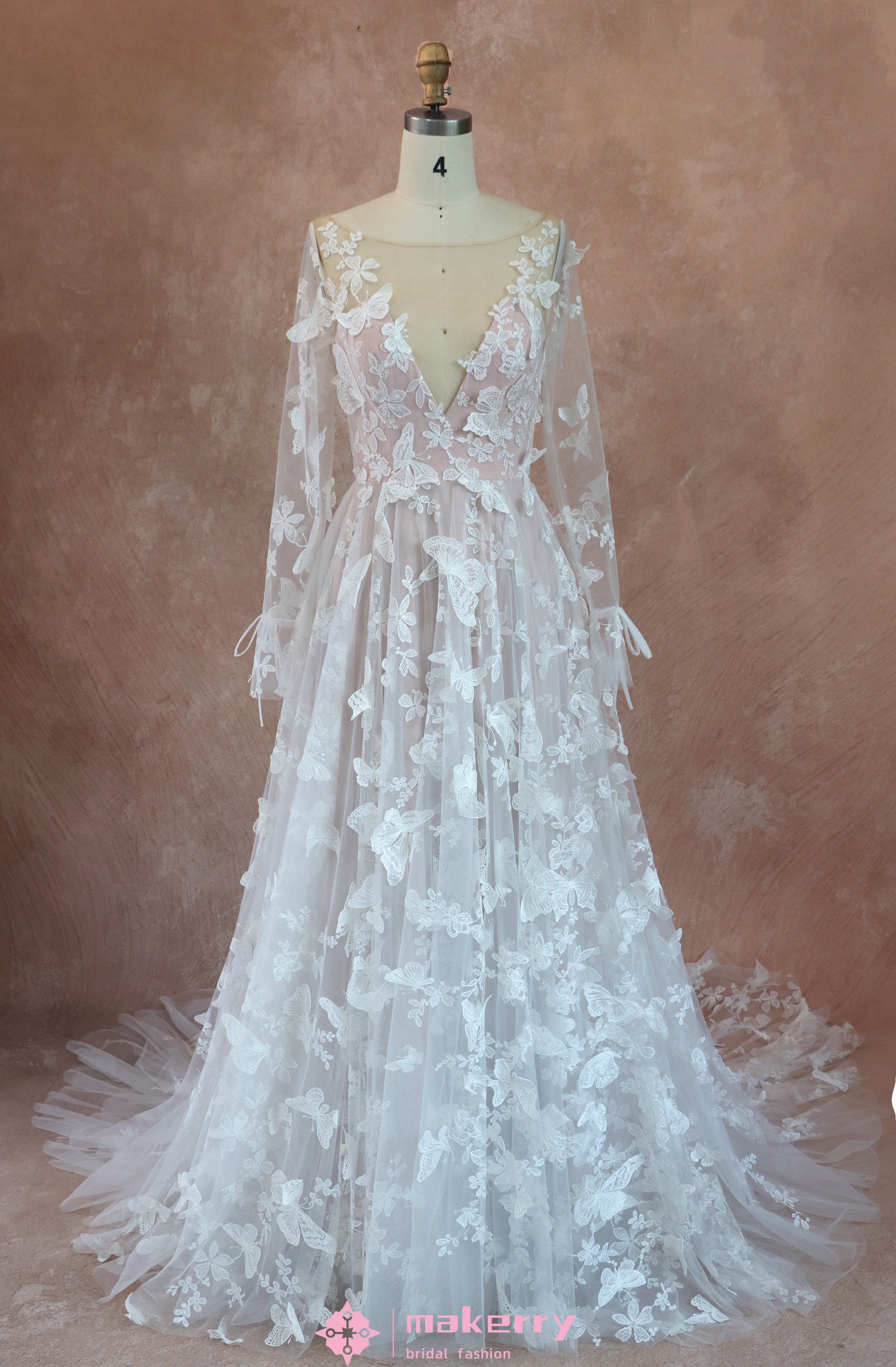 boho wedding dress pattern Boho Pattern Lace and Chiffon Long Sleeve Wedding Dress
