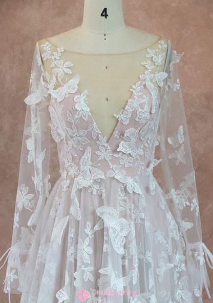 Romantic Boho Lace butterflies pattern Wedding Dress With Long Sleeves