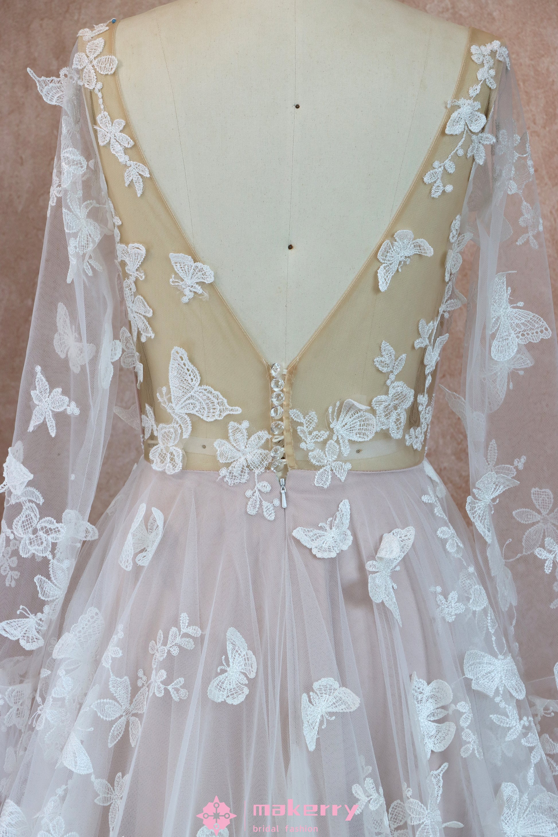 Romantic Boho Lace butterflies pattern Wedding Dress With Long Sleeves – MakerryBridal