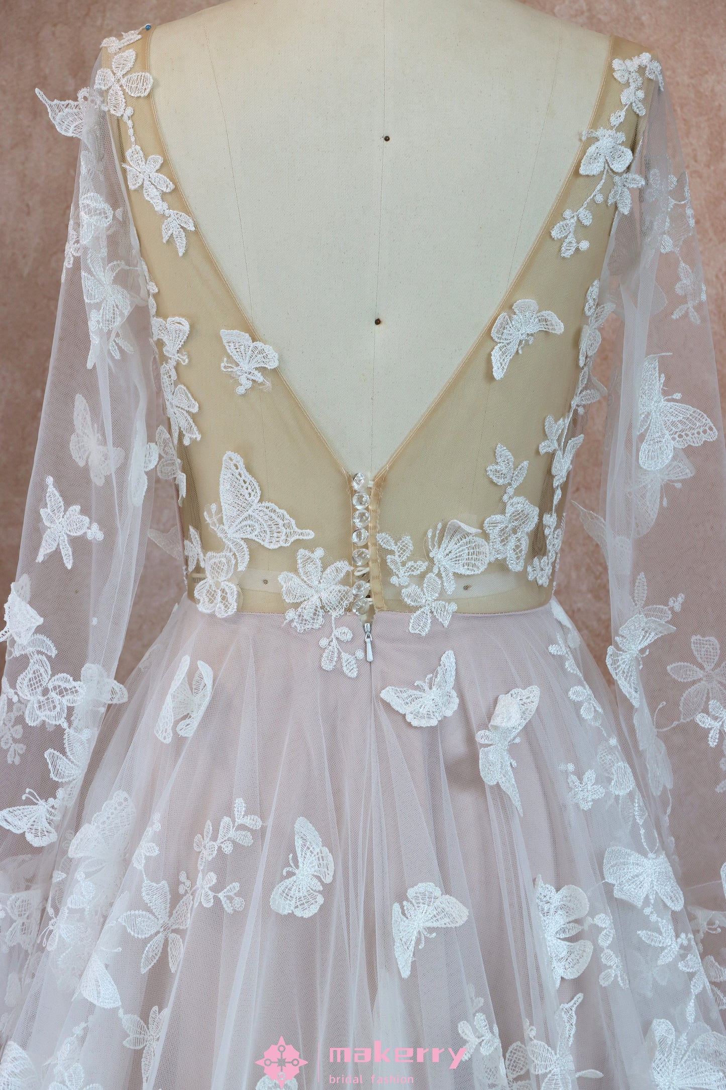 Romantic Boho Lace butterflies pattern Wedding Dress With Long Sleeves