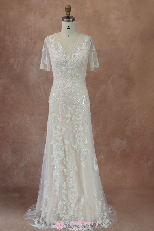 Beaded Lace Beaded Lace and Tulle Wholesale Sheath Wedding Dress