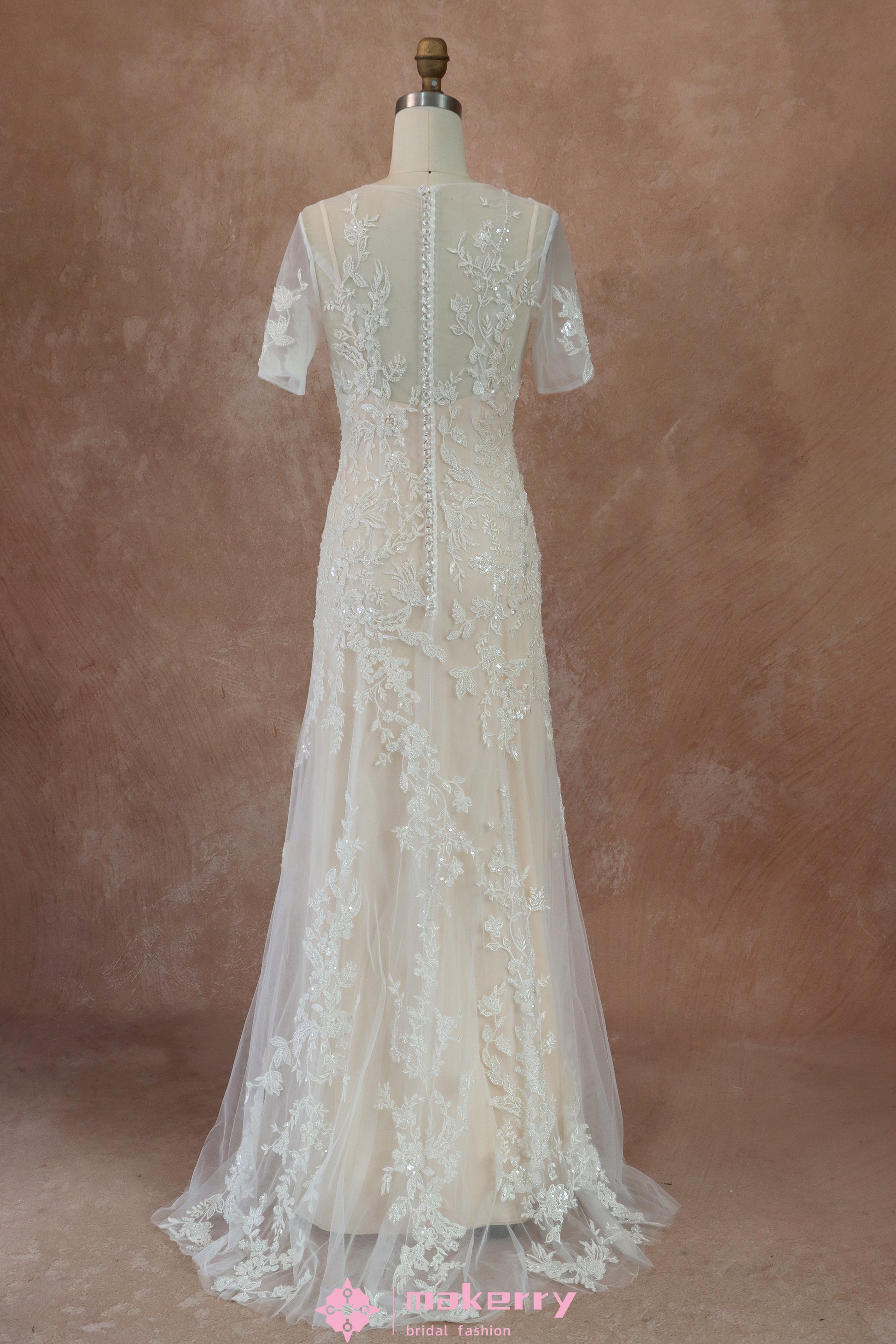 Beaded Lace Beaded Lace and Tulle Wholesale Sheath Wedding Dress MakerryBridal Beaded Lace Beaded Lace and Tulle Wholesale Sheath Wedding Dress MakerryBridal