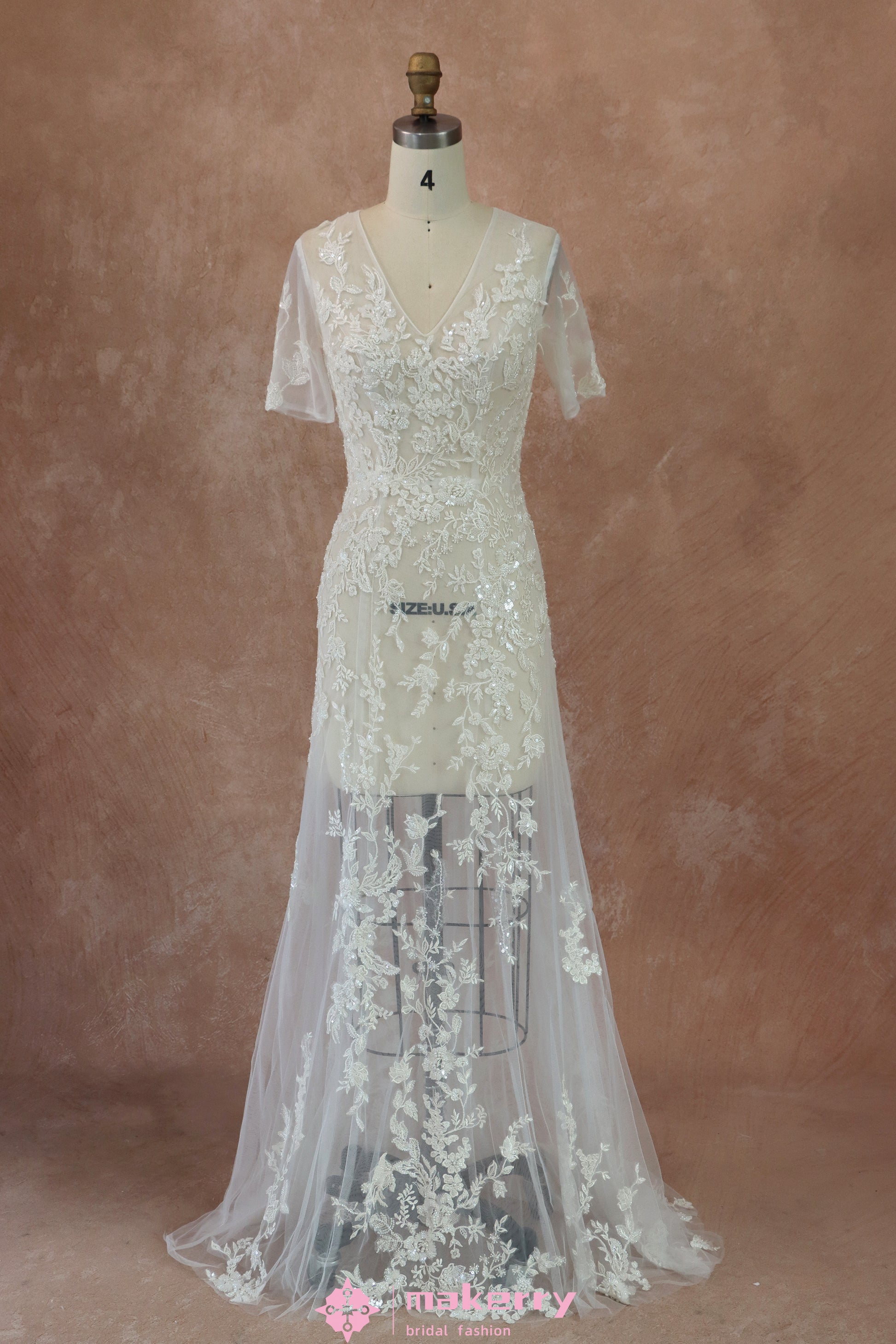 Beaded Lace Beaded Lace and Tulle Wholesale Sheath Wedding Dress – MakerryBridal