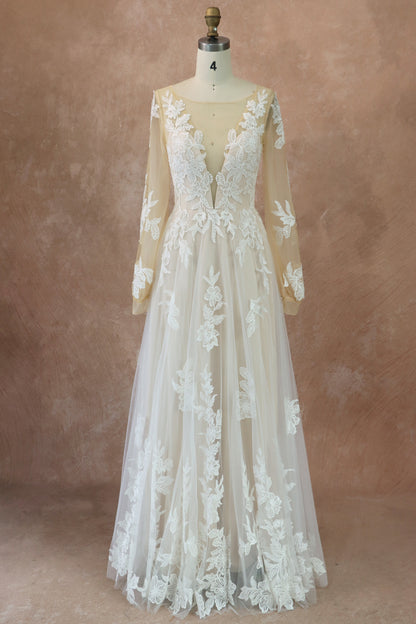 Elegant Princess Long-Sleeve A Line Lace Wedding Dress