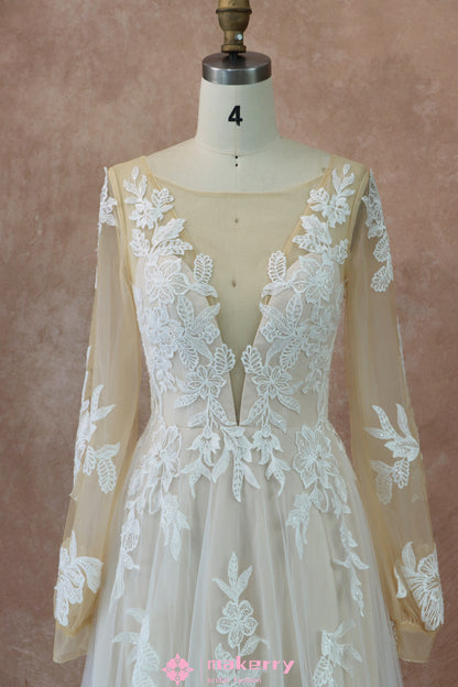 Elegant Princess Long-Sleeve A Line Lace Wedding Dress