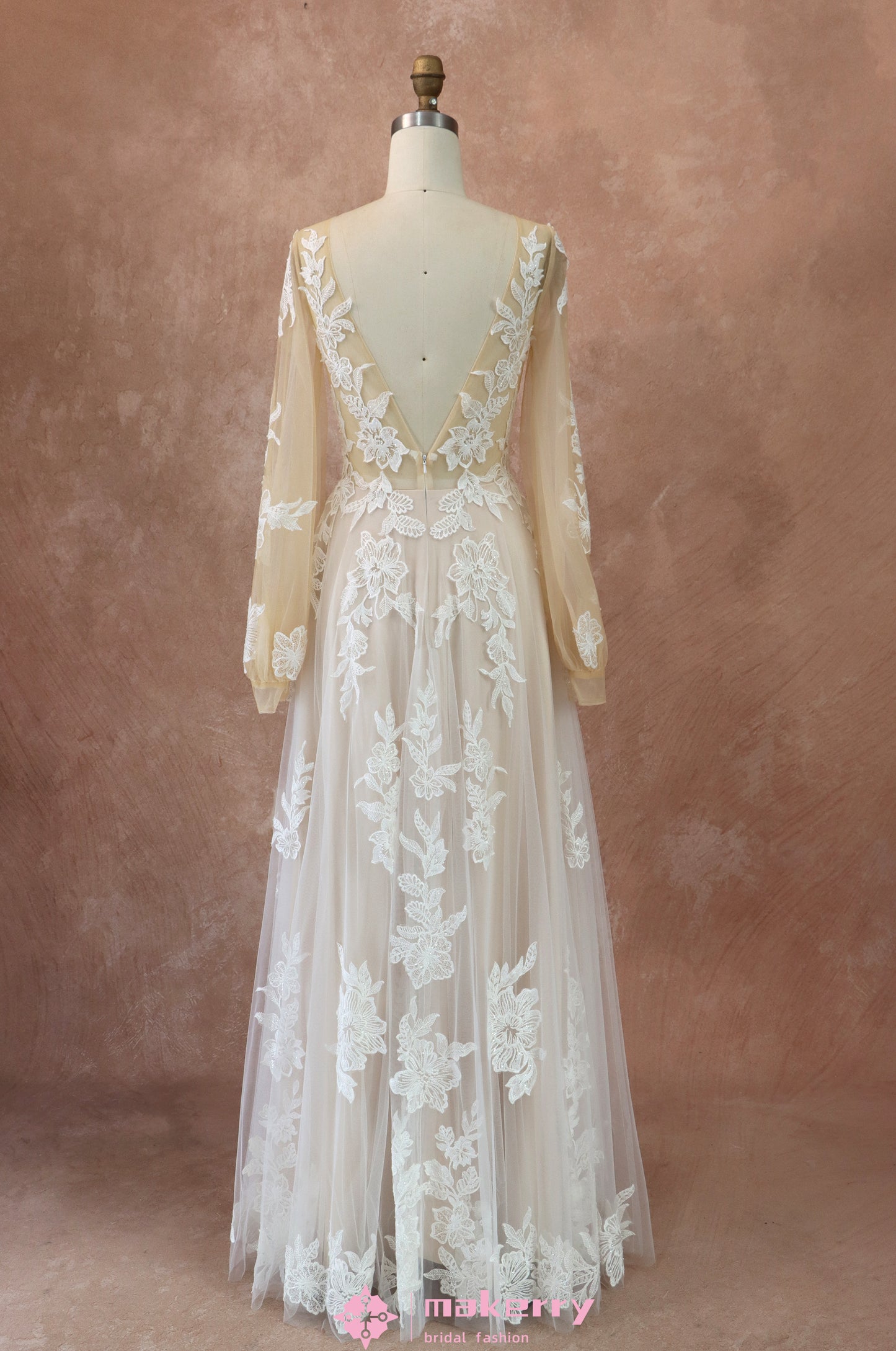 Elegant Princess Long-Sleeve A Line Lace Wedding Dress