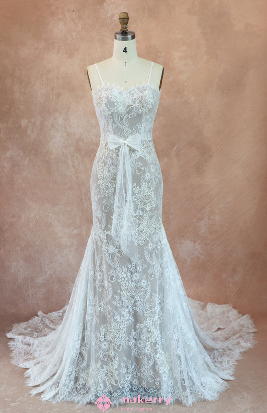 Mermaid Chapel Train Floral Lace Wedding Dress