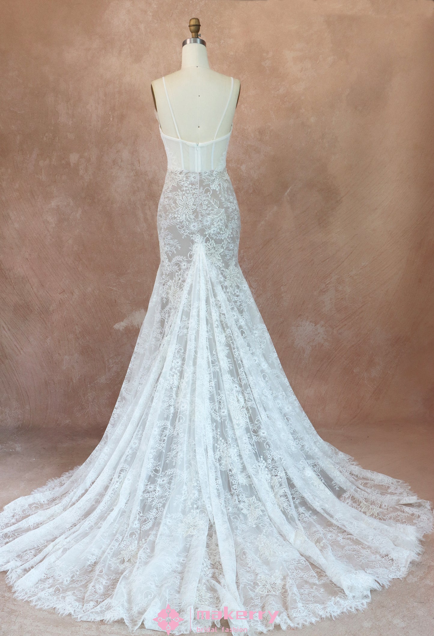 Mermaid Chapel Train Floral Lace Wedding Dress