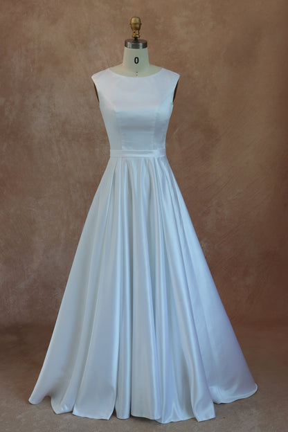 A-line Scoop-Neck Full Back Satin Wedding Dress For Wholesale