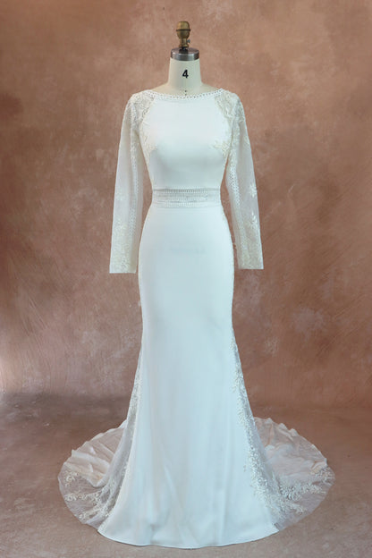 Mermaid Bateau Neckline Wedding Dress With Long Sleeves – MakerryBridal Mermaid Bateau Neckline Wedding Dress With Long Sleeves – MakerryBridal