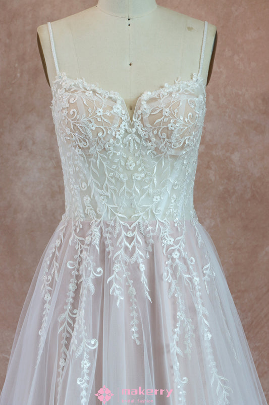 Beautiful Ethereal A-Line Wedding Dress with Spaghetti Straps