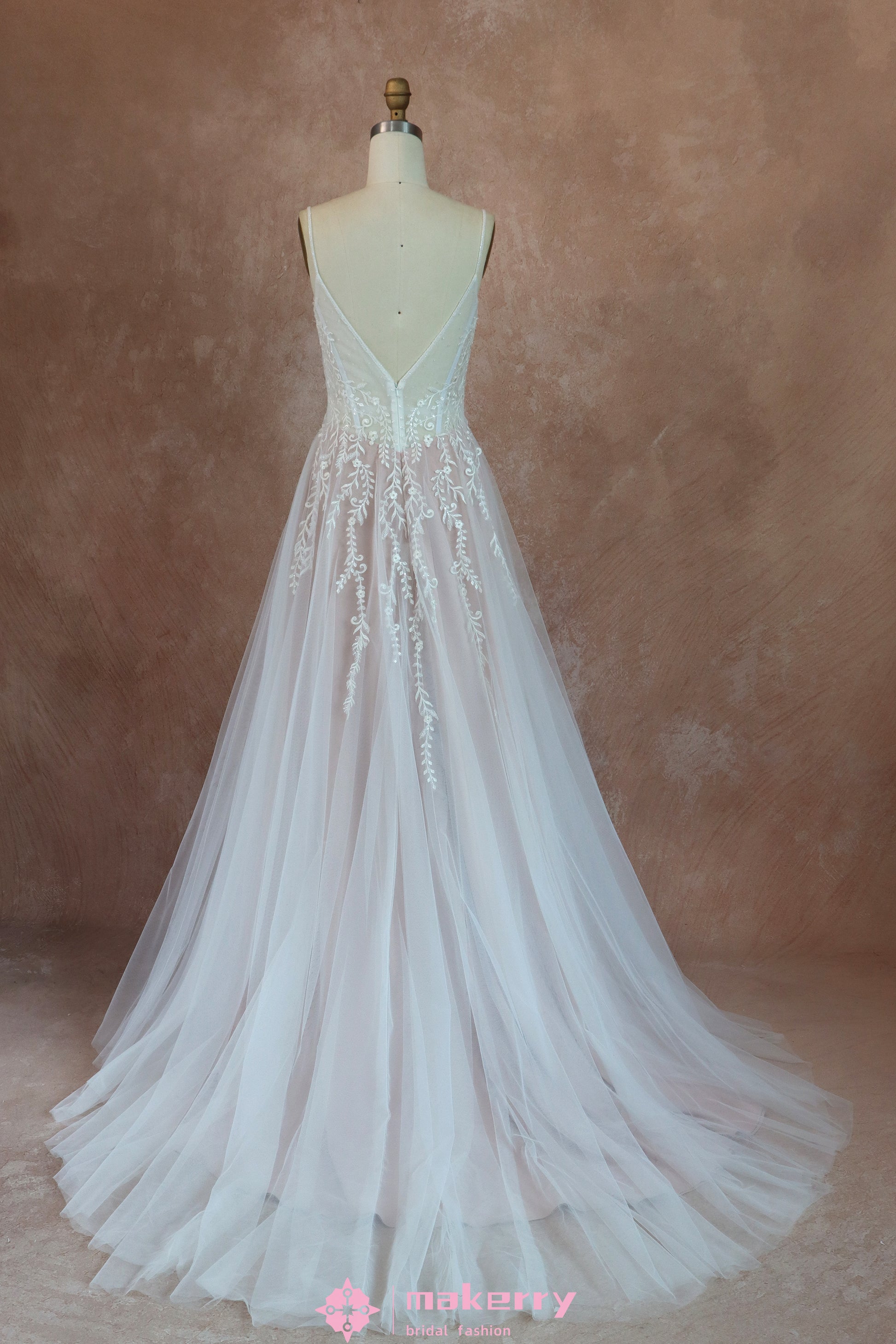 Beautiful Ethereal A-Line Wedding Dress with Spaghetti Straps MakerryBridal Beautiful Ethereal A-Line Wedding Dress with Spaghetti Straps MakerryBridal