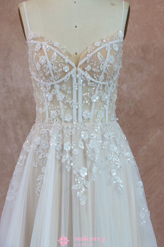 Boho See Through Lace Wedding Dress With 3D beaded Flowers