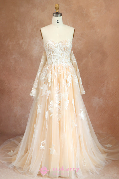 Floral Appliqu Wedding Dress with Sheer Long Sleeves MakerryBridal Floral Appliqu Wedding Dress with Sheer Long Sleeves MakerryBridal