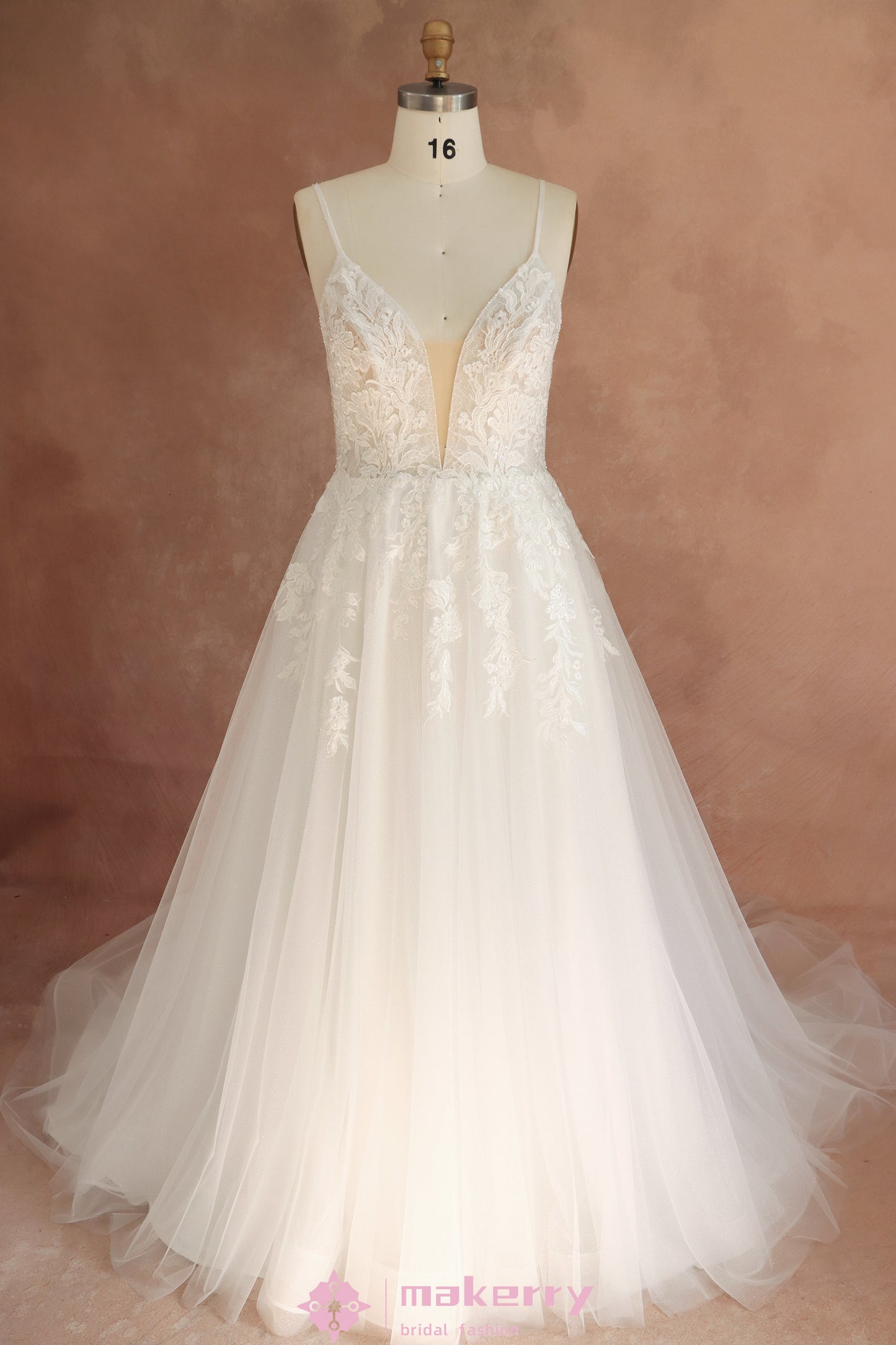 Gracefully Designed Floral Lace V-neckline Wedding Gown