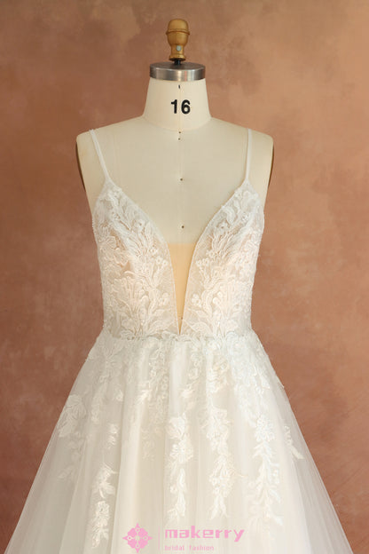 Gracefully Designed Floral Lace V-neckline Wedding Gown