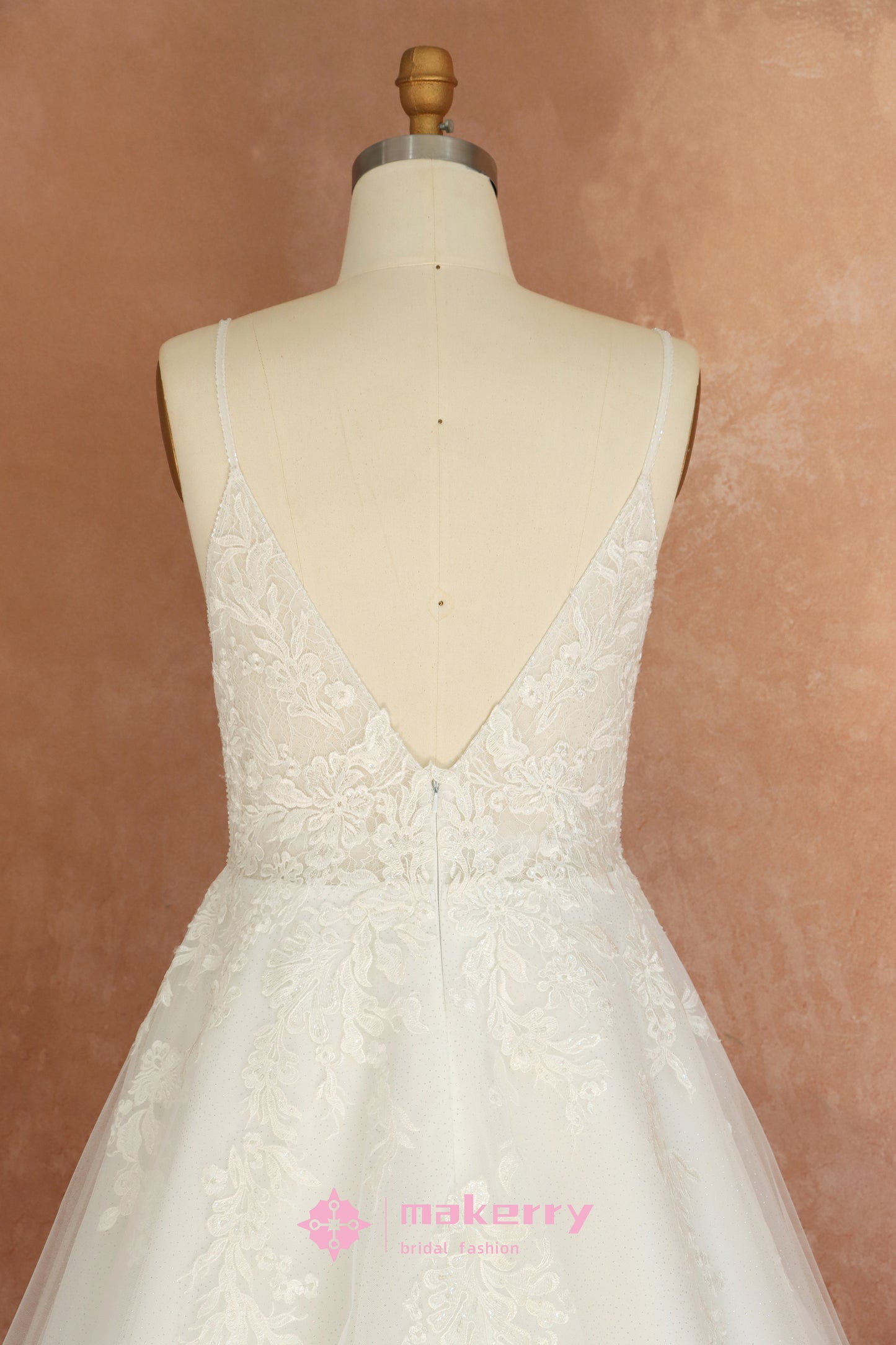 Gracefully Designed Floral Lace V-neckline Wedding Gown
