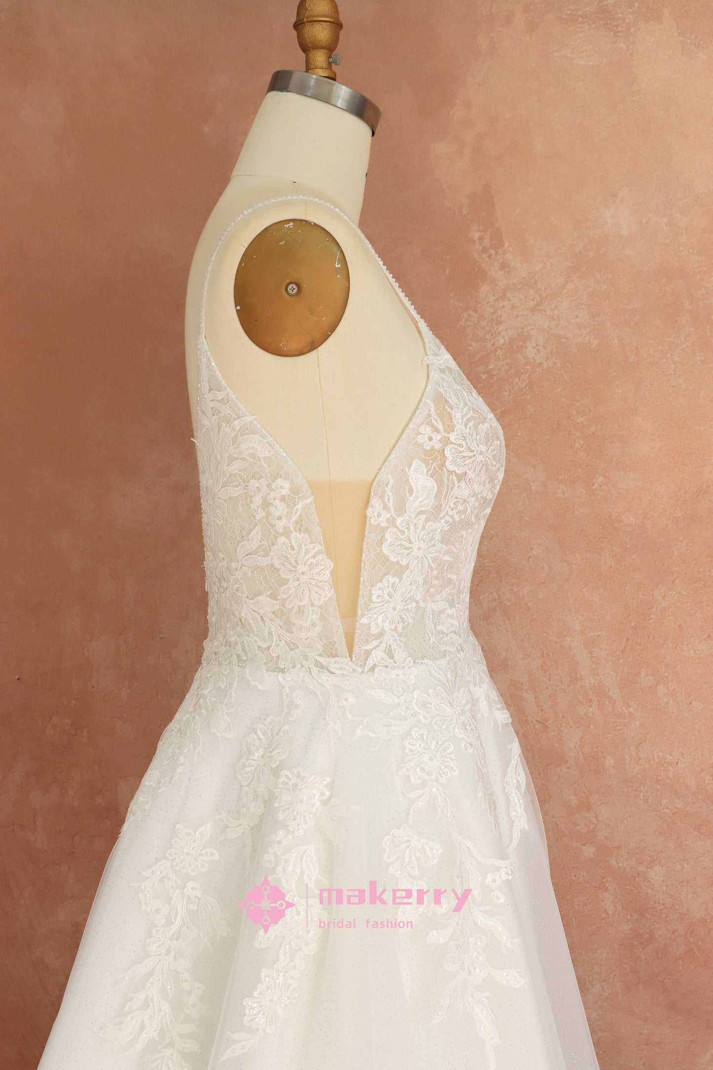 Gracefully Designed Floral Lace V-neckline Wedding Gown