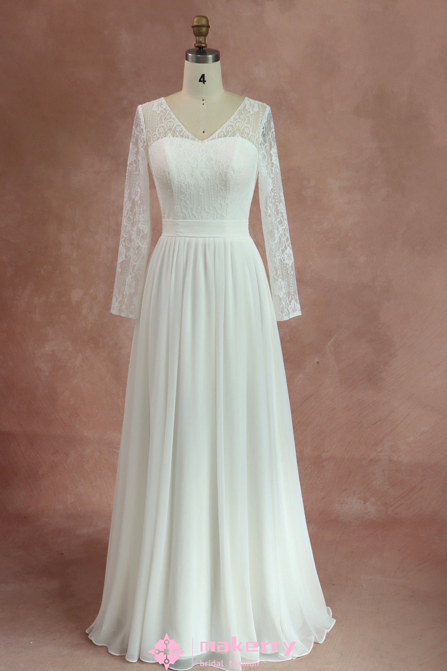 Boho Lace Chiffon Wedding Dresses With Long Sleeves
