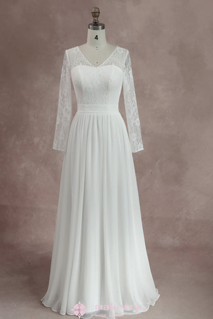 Boho Lace Chiffon Wedding Dresses With Long Sleeves