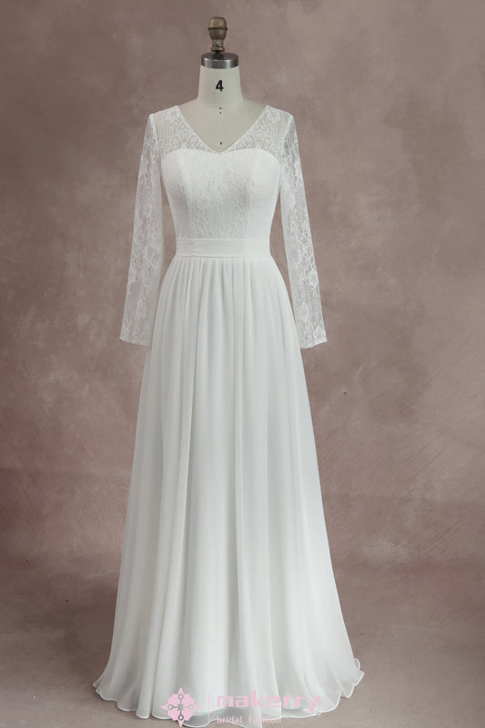 Boho Lace Chiffon Wedding Dresses With Long Sleeves