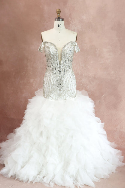 Fit-to-Flare Wedding Gown With Crystal Beading and Ruffle Tulle Skirt