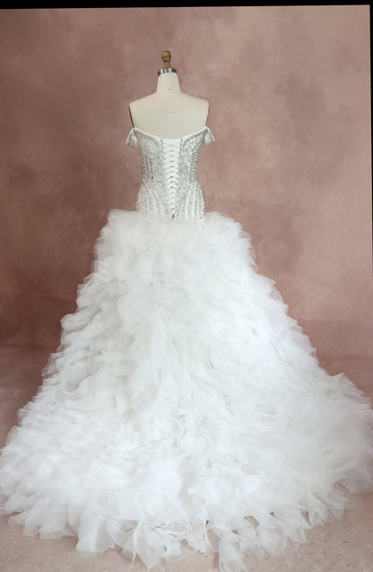 Fit-to-Flare Wedding Gown With Crystal Beading and Ruffle Tulle Skirt
